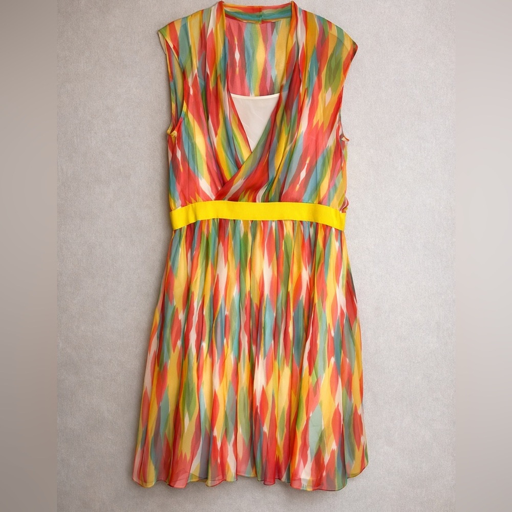 PORTS 1961 100% Silk Watercolor Print Dress Yellow Waistband Sz 10